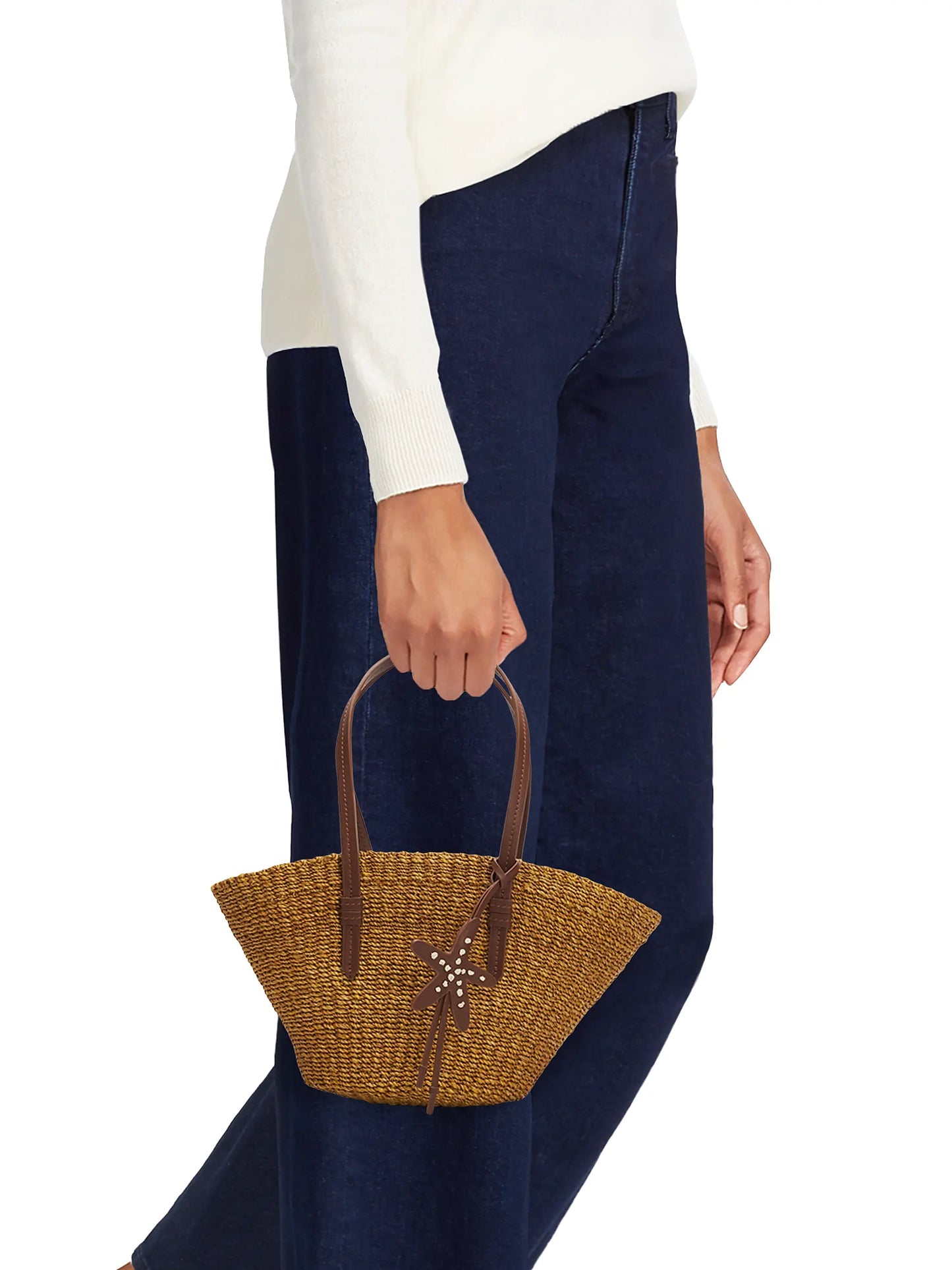 Handwoven Straw Mini Tote Bag With Leather Handles