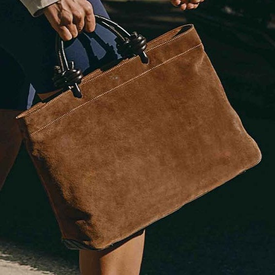 Suede Leather 14-inch Laptop Horizontal Compact Work Tote Bag