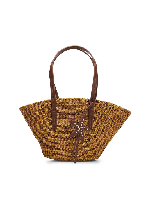Handwoven Straw Mini Tote Bag With Leather Handles