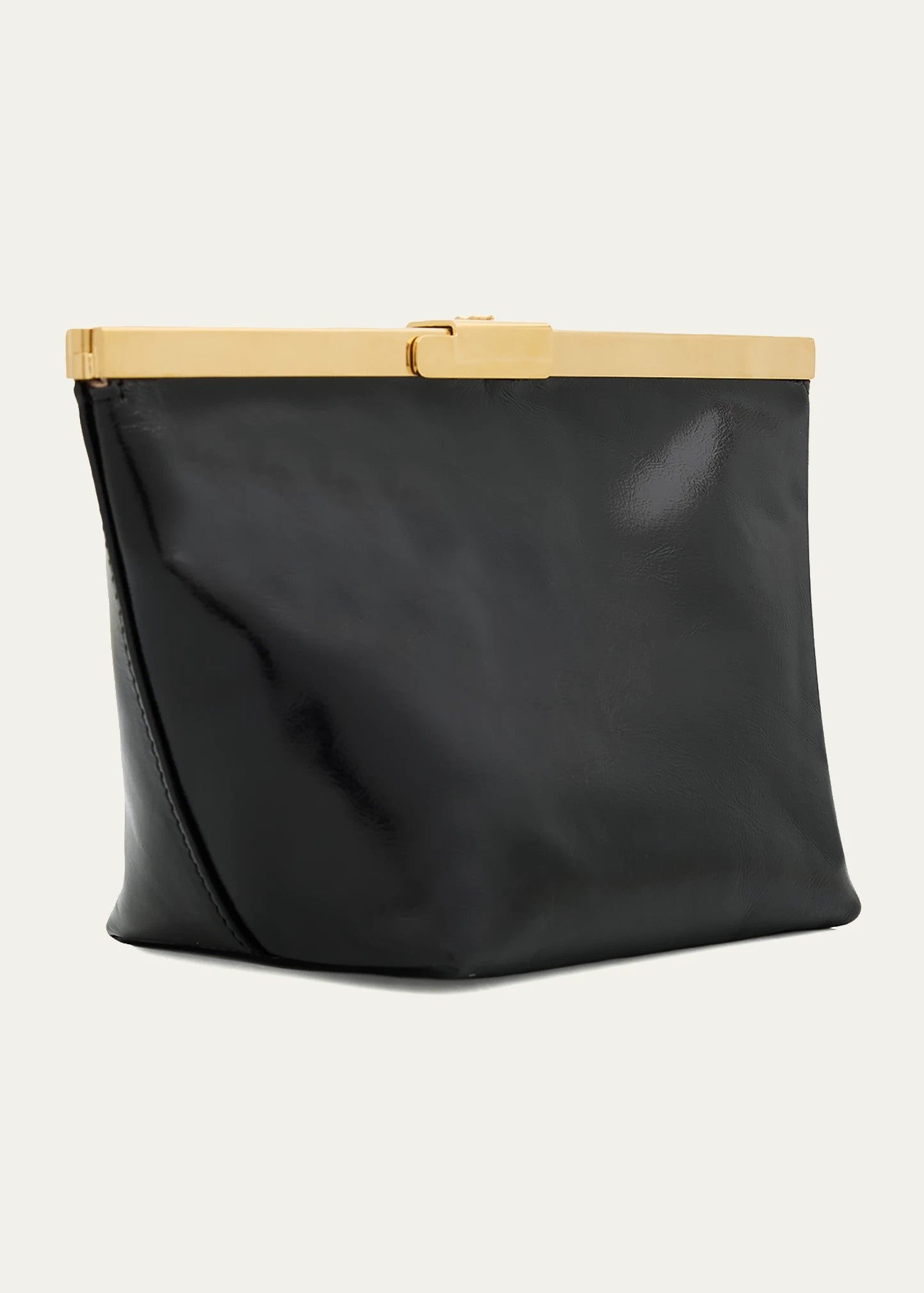 Glossy Leather Frame Lift Lock Clutch With Detachable Gold Chain Strap