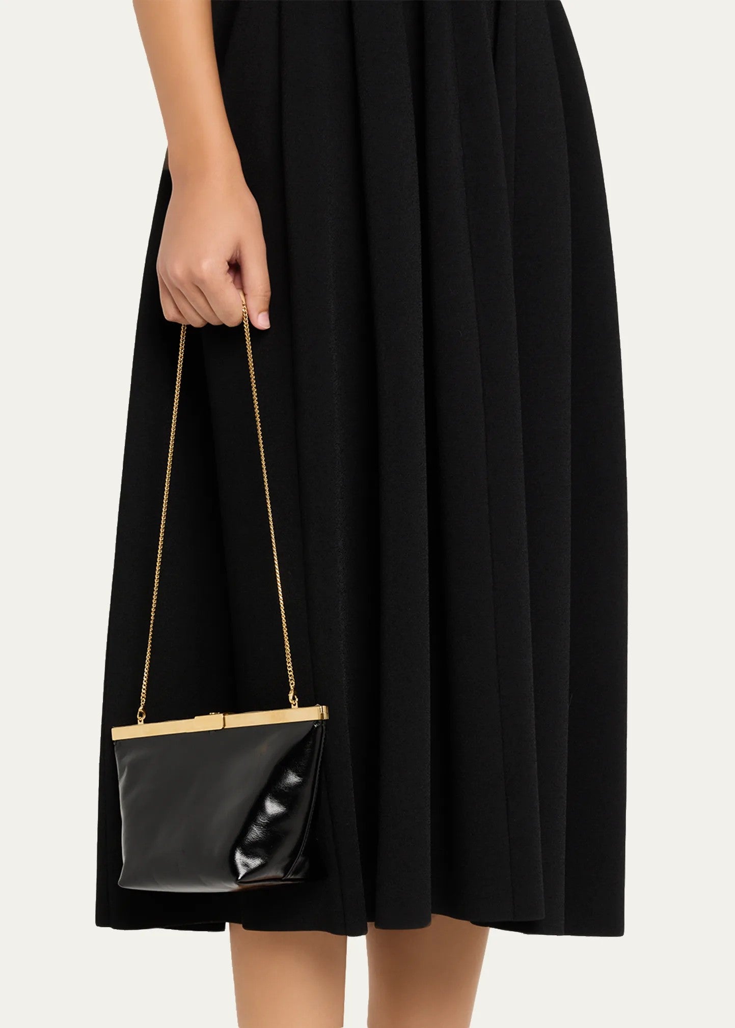 Glossy Leather Frame Lift Lock Clutch With Detachable Gold Chain Strap