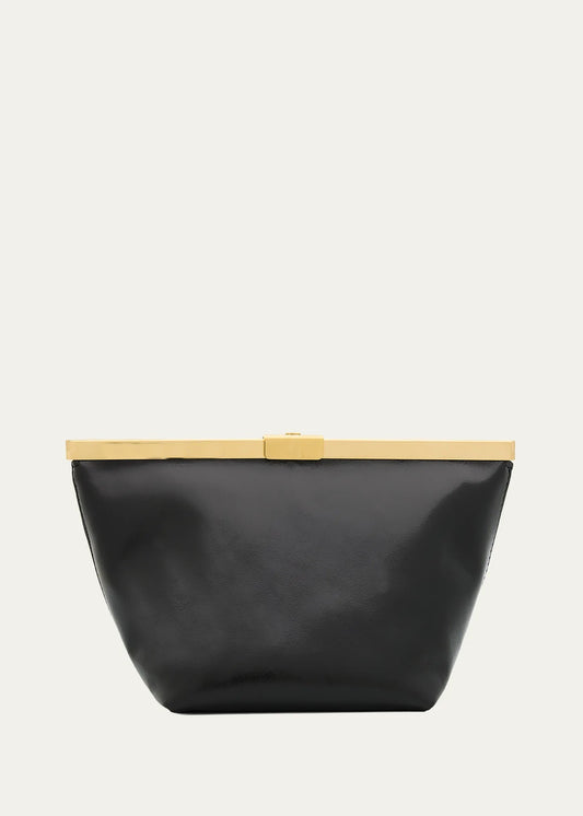 Glossy Leather Frame Lift Lock Clutch With Detachable Gold Chain Strap
