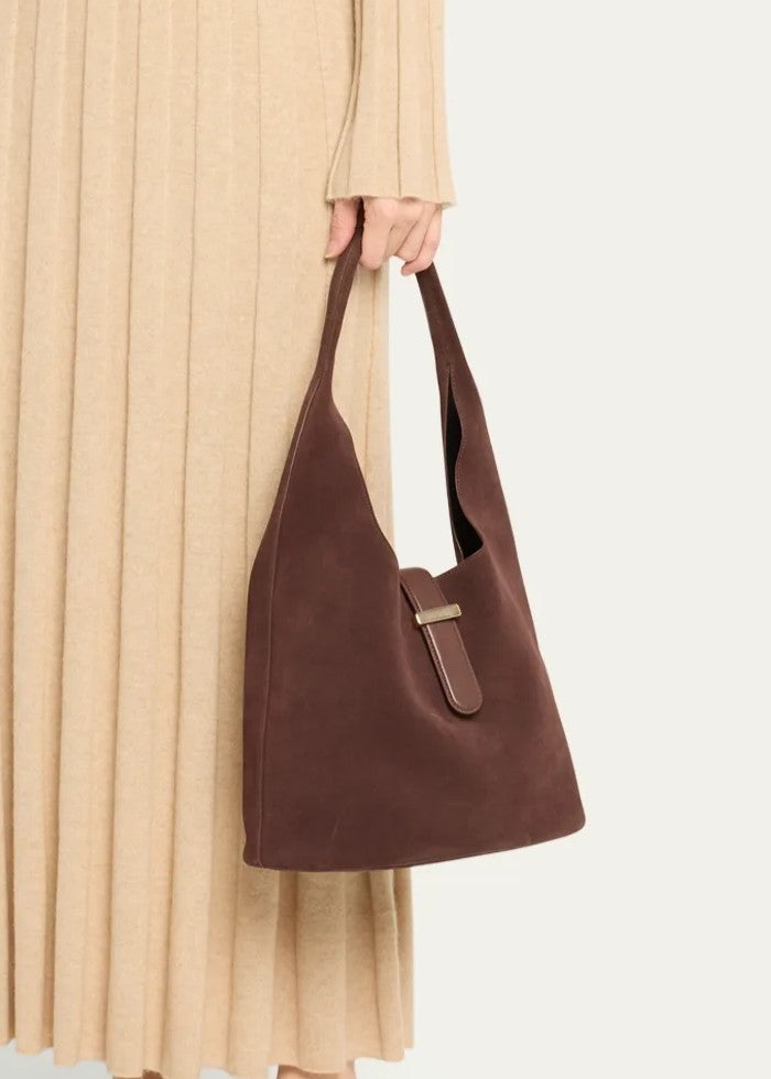 Suede Leather Central Buckle Open Top Shoulder Hobo Bag