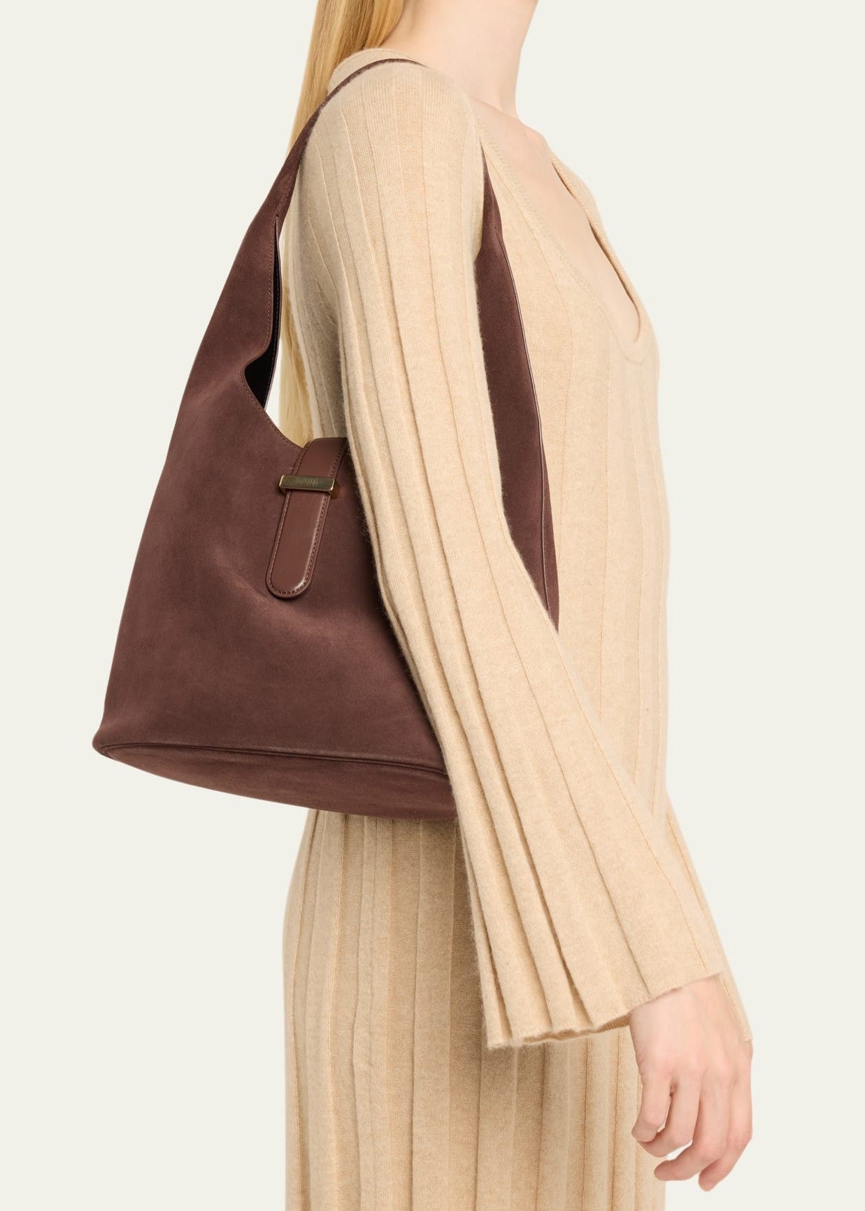 Suede Leather Central Buckle Open Top Shoulder Hobo Bag