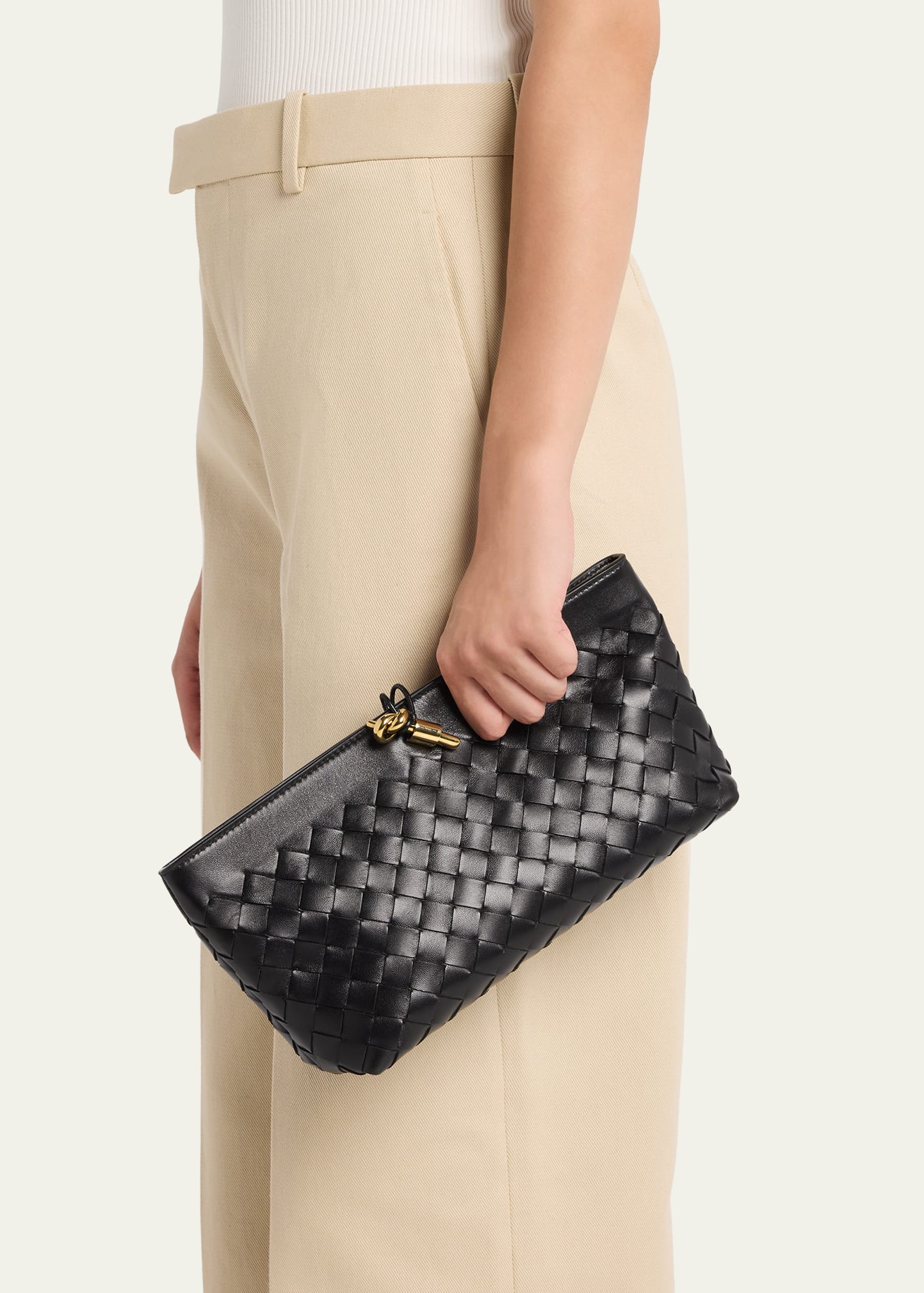 Intrecciato Woven Leather Knot Detail Zipper Evening Clutch Bag