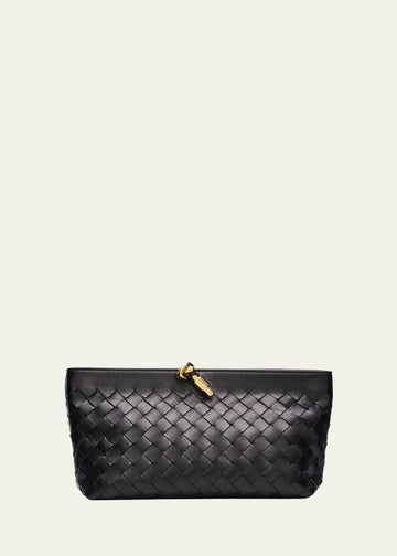 Intrecciato Woven Leather Knot Detail Zipper Evening Clutch Bag