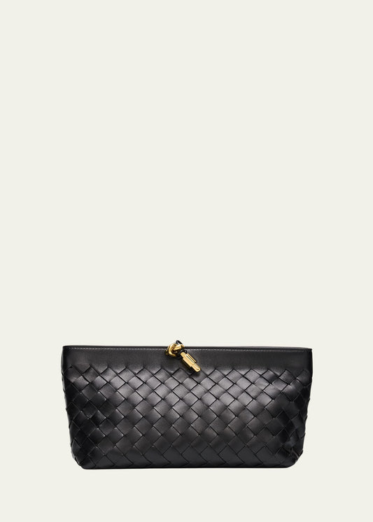 Intrecciato Woven Leather Knot Detail Zipper Evening Clutch Bag