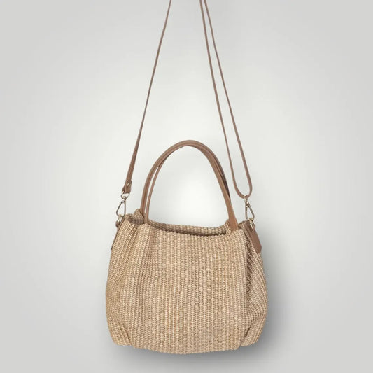 Handwoven Raffia Leather Trim Multi-Wear Straw Shoulder Bag