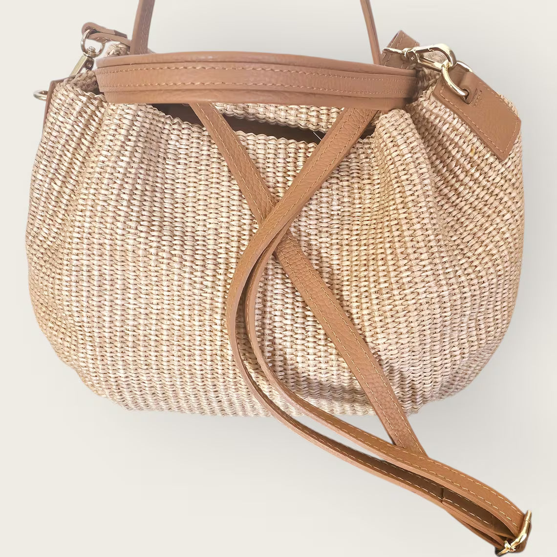 Handwoven Raffia Leather Trim Multi-Wear Straw Shoulder Bag