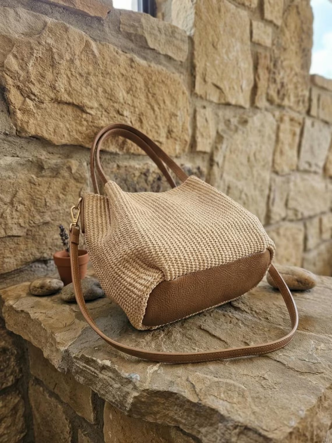 Handwoven Raffia Leather Trim Multi-Wear Straw Shoulder Bag