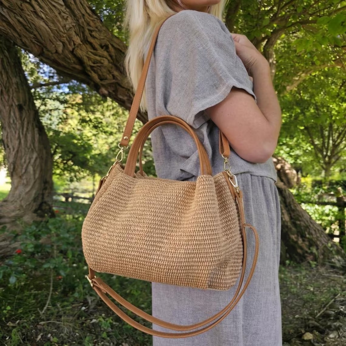 Handwoven Raffia Leather Trim Multi-Wear Straw Shoulder Bag